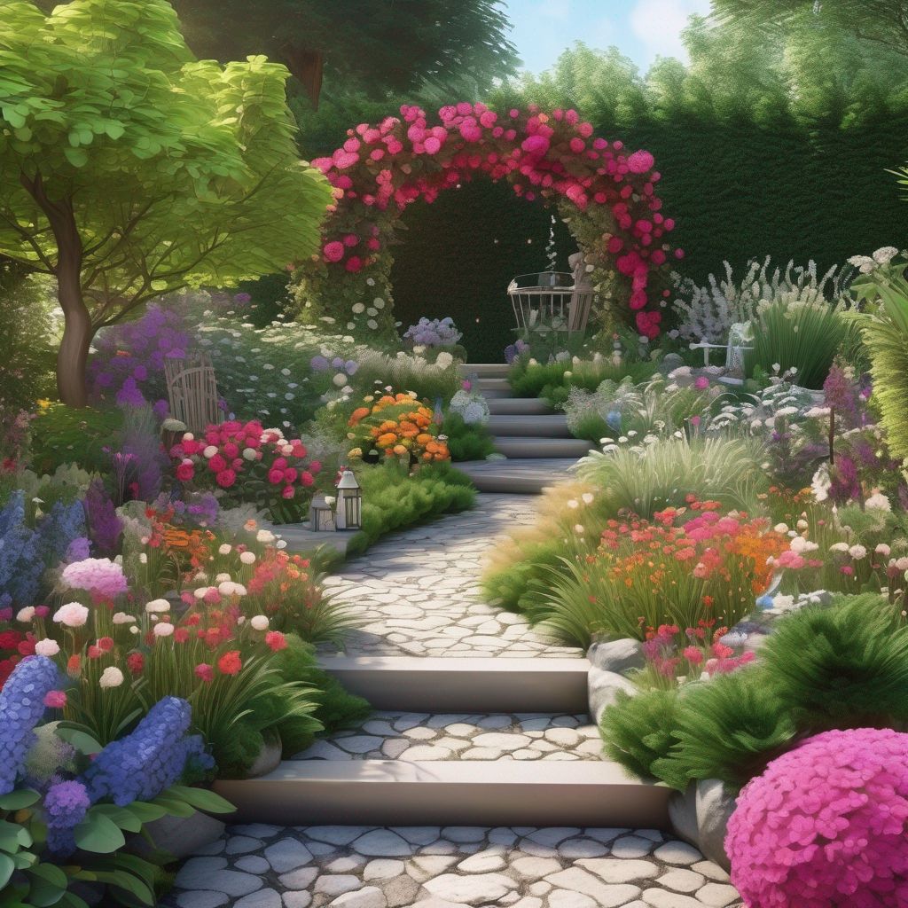 beautiful garden paradise with seasonal flowers and decorations