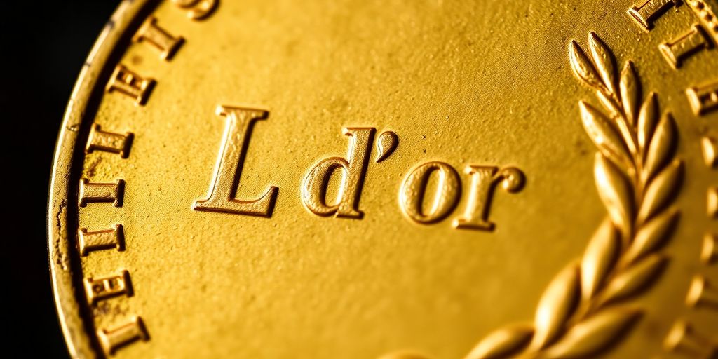Une pièce d'or Louis d'or ancienne, gros plan.