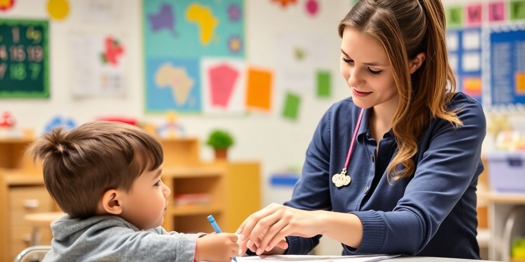 Schulbegleiter hilft Kind im Klassenzimmer bei der Arbeit.
