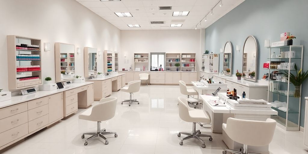 Salão de manicure com estações de unhas coloridas.