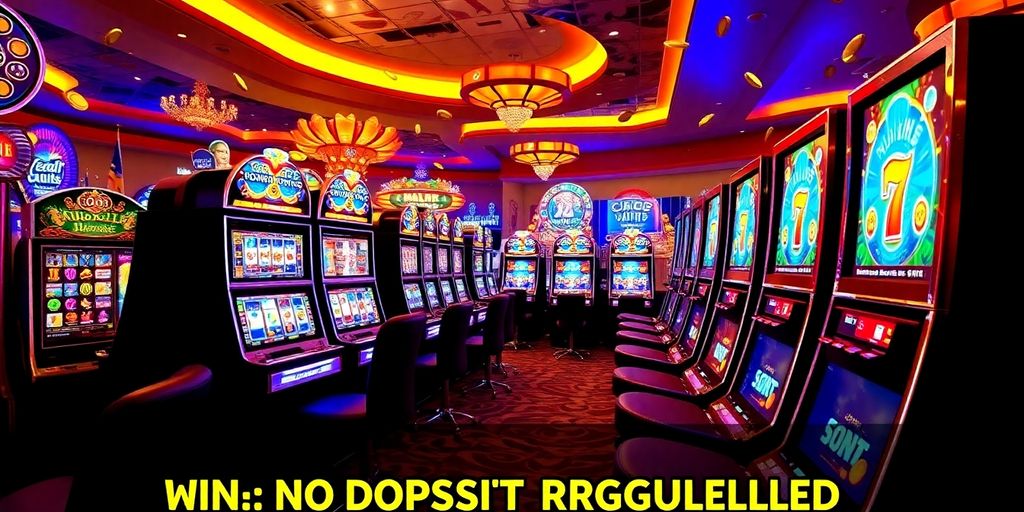 Colorful slot machines with coins in a lively casino.