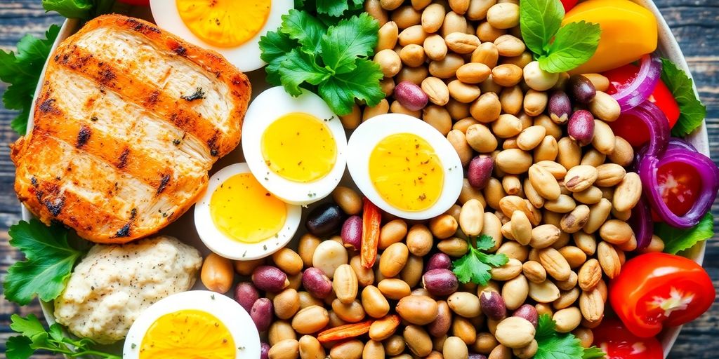Colorful plate of protein-rich foods and fresh vegetables.