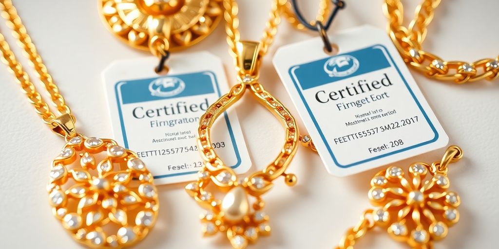 Bijoux en or avec étiquettes de certification en gros plan.