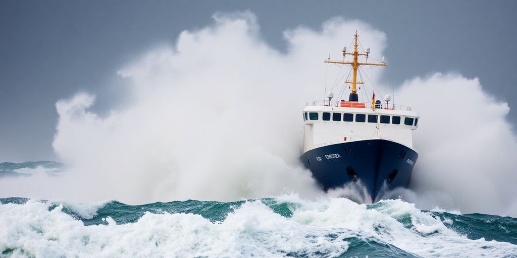 Ship navigating stormy seas with high waves.