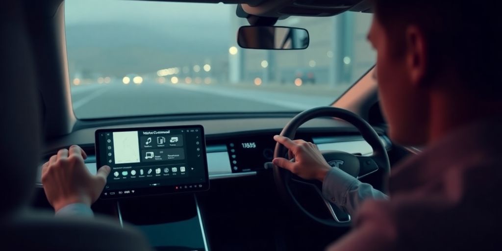 Tesla vehicle interior with voice command interaction.