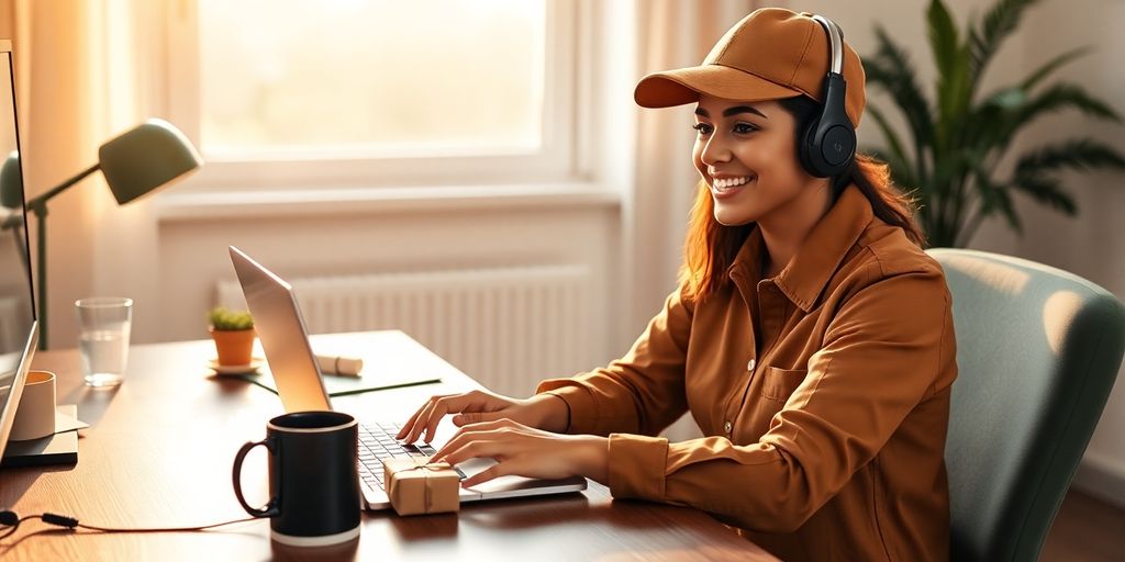 Woman in brown uniform at home desk with laptop, parcel