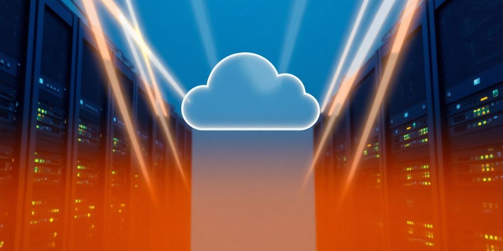 Cloud computing infrastructure with glowing connections.