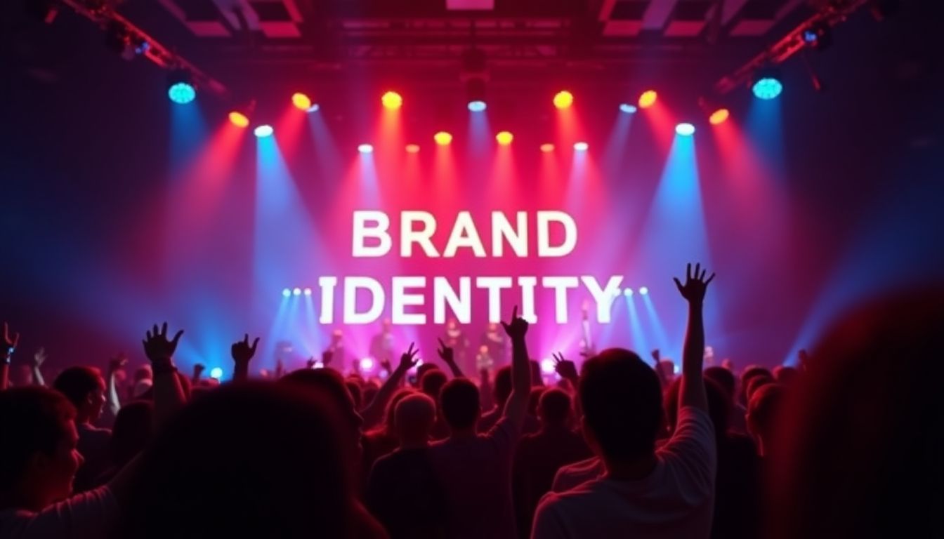 Rock concert stage with lights spelling 'Brand Identity'.