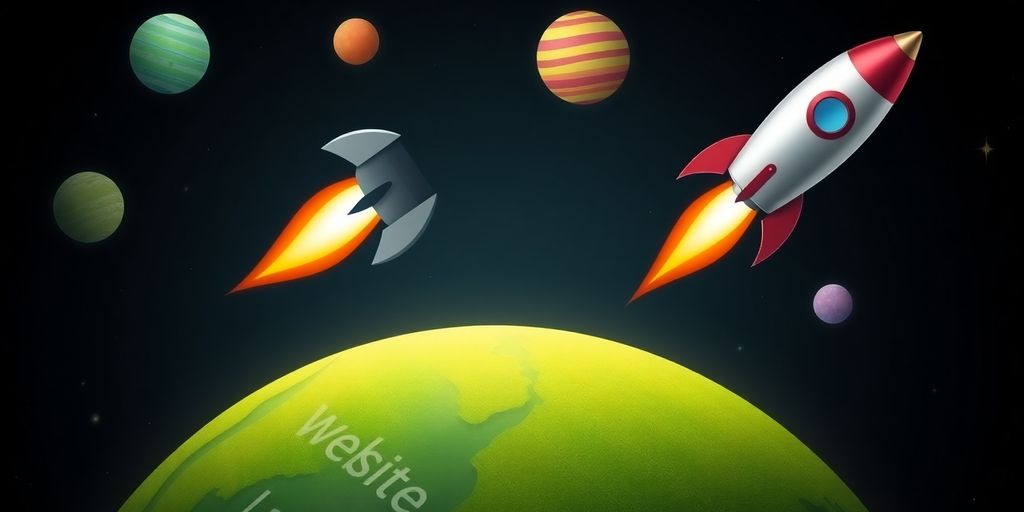 Website launch rocket soaring past planets.