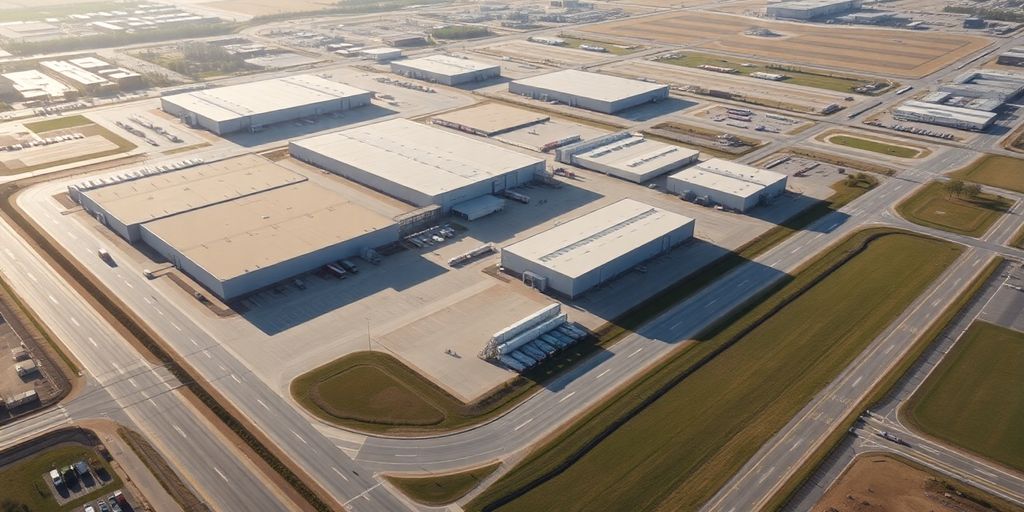 Aerial view of Omaha warehouse and logistics area.