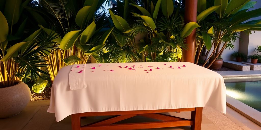 Serene outdoor spa treatment area with massage table and tropical plants.