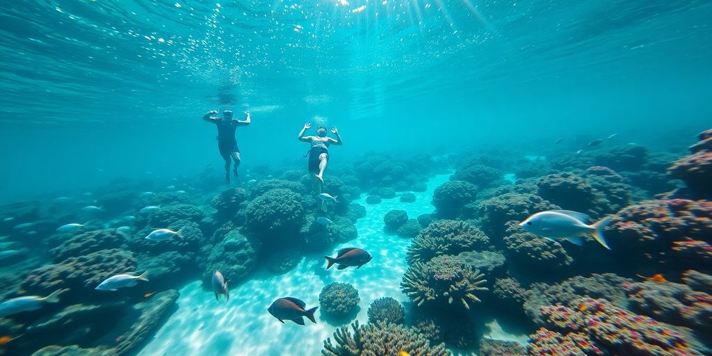 Snorkelers swim among colorful fish in clear Cabo waters.