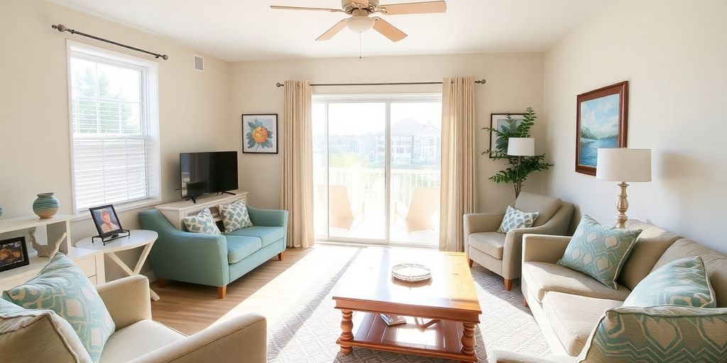 Cozy vacation rental living room with bright decor.