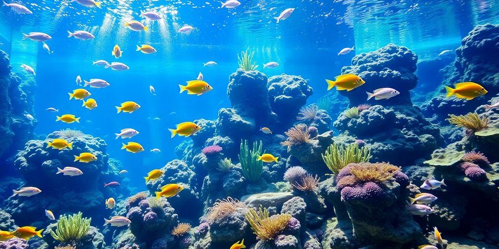 Colorful saltwater aquarium with fish and coral.