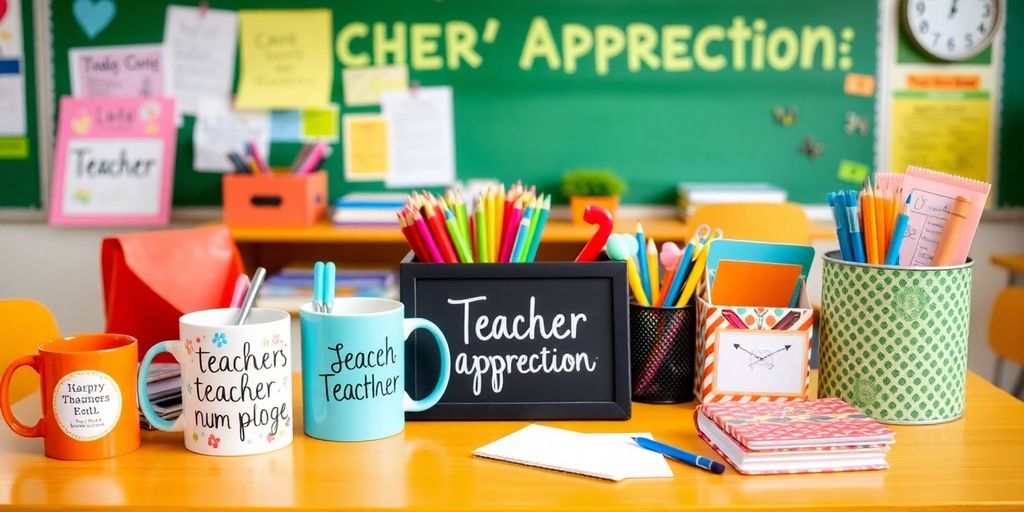 Colorful teacher gifts arranged on a classroom desk.