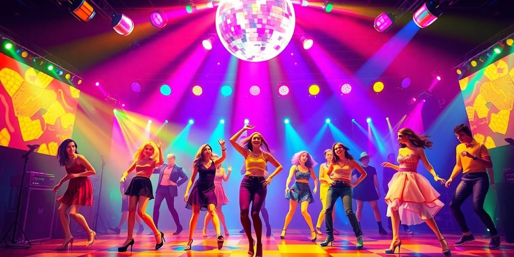 Dancers in retro outfits under colorful disco lights.
