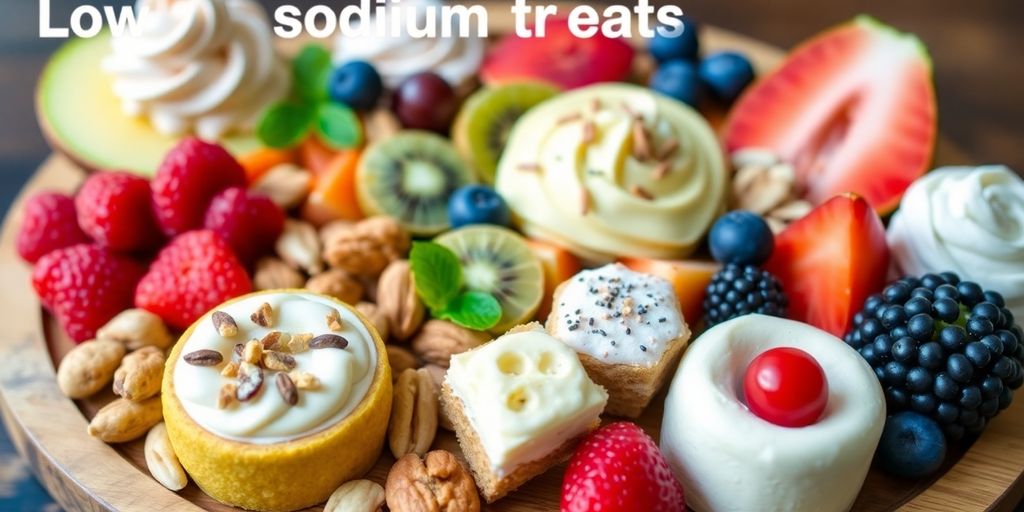 Colorful low sodium treats on a wooden platter.