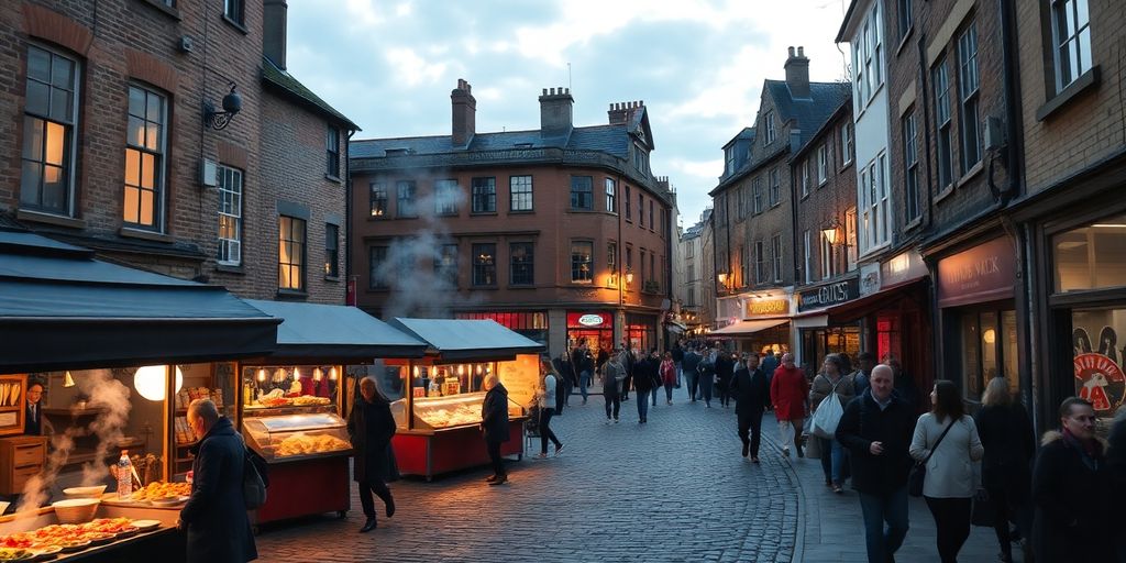 Bustling street with diverse food stalls, historic UK architecture.
