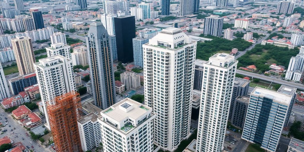 Luxury condominiums and construction sites in Bangkok's skyline.