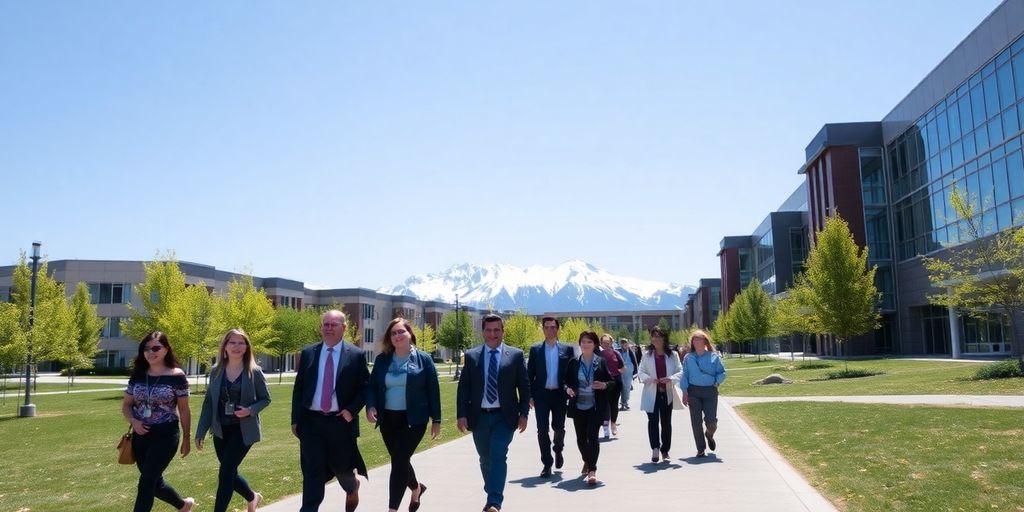 Professionals walking on the University of Alaska Anchorage campus.