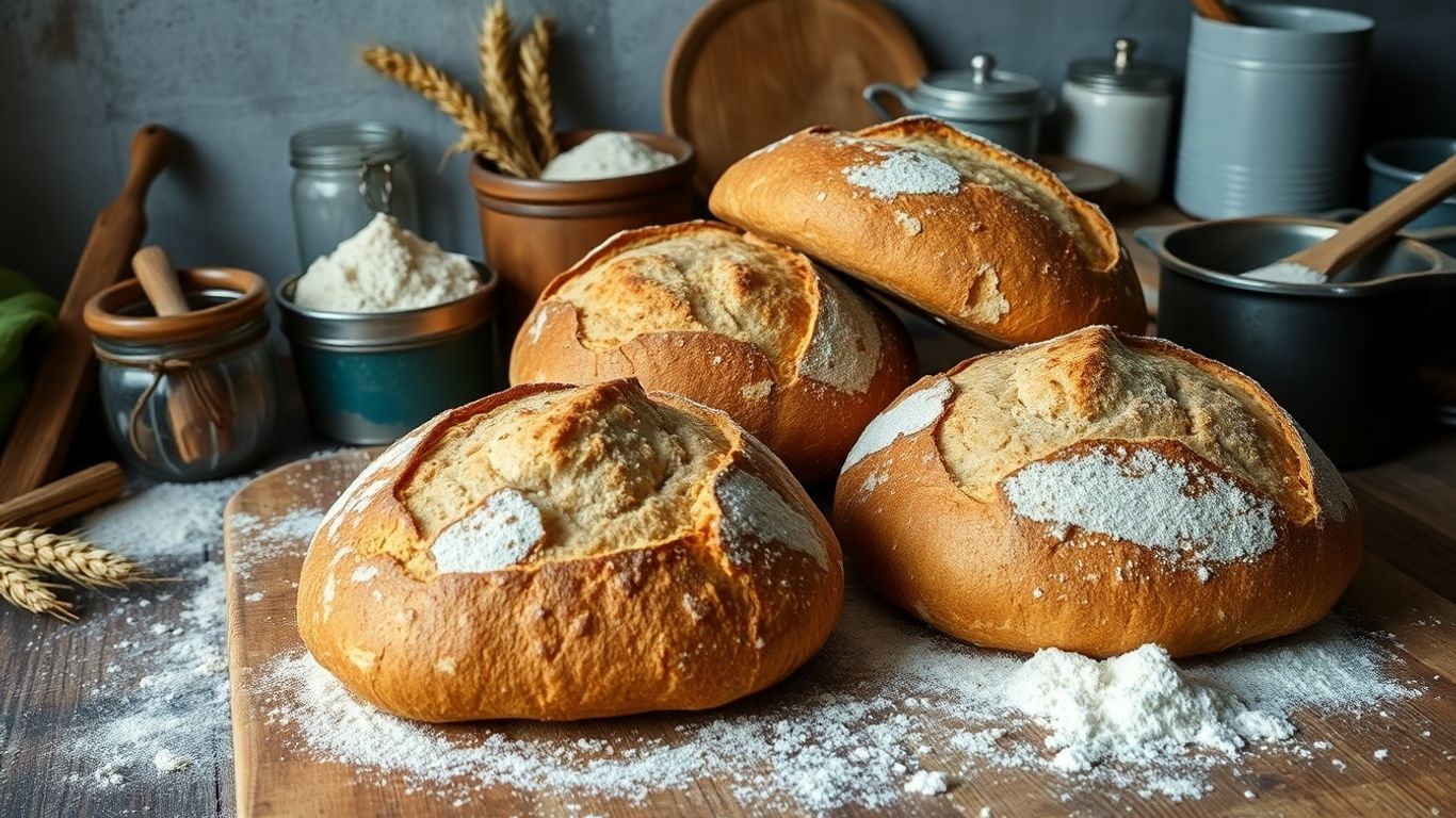 Fresh sourdough loaves on wooden table with baking tools.