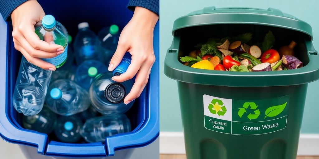 Hands sorting colorful waste into bins.
