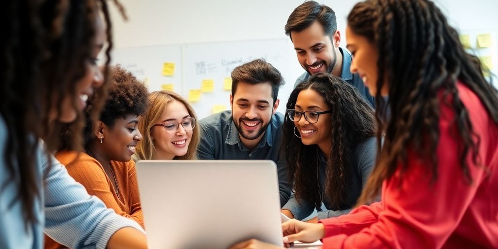 Team collaborating on a project with a laptop.