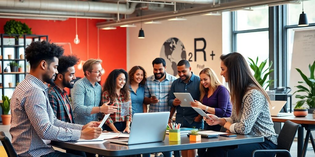 Entrepreneurs collaborating in a vibrant, modern workspace.