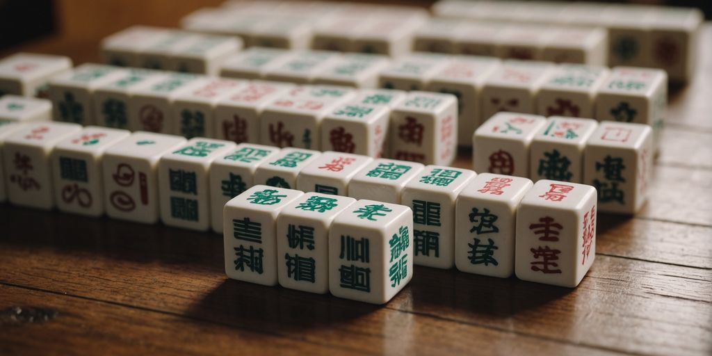 Different Mahjong tile sizes arranged on a wooden surface.