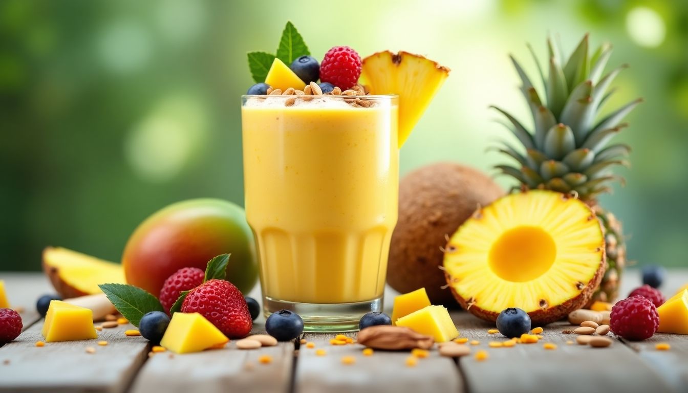 Tropical smoothie bowl with mango and pineapple toppings.