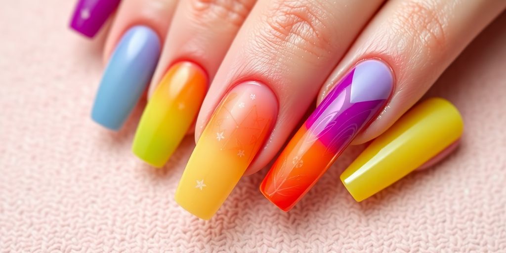 Unhas postiças coloridas e decoradas em fundo neutro.