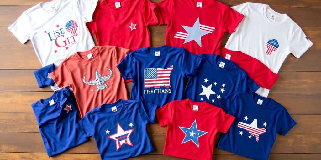 Colorful patriotic shirts in red, white, and blue.