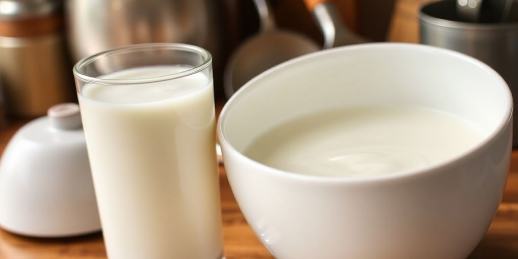 Glass of low-fat milk next to bowl of heavy cream.