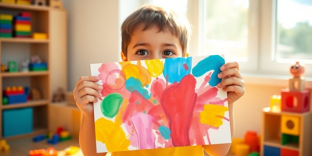 Smiling child proudly displays colorful drawing.