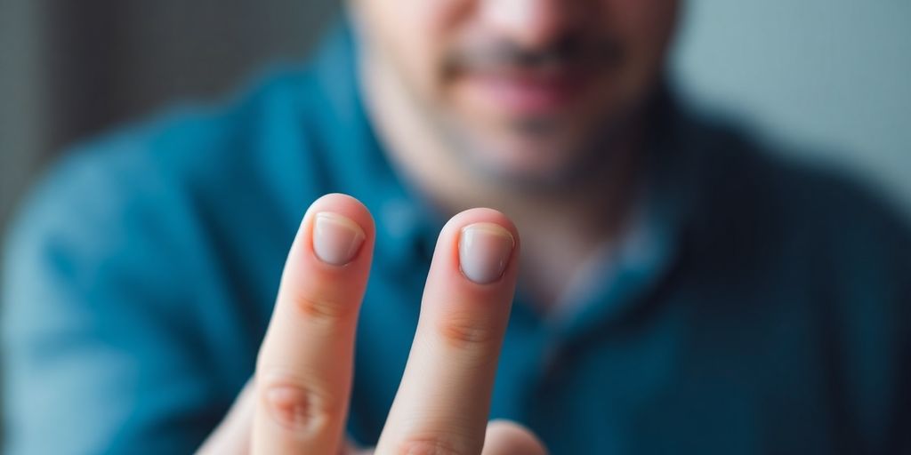 Man's hand holding a pill.