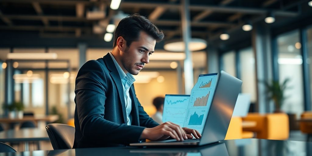 Professional analyzing data in a modern office setting.
