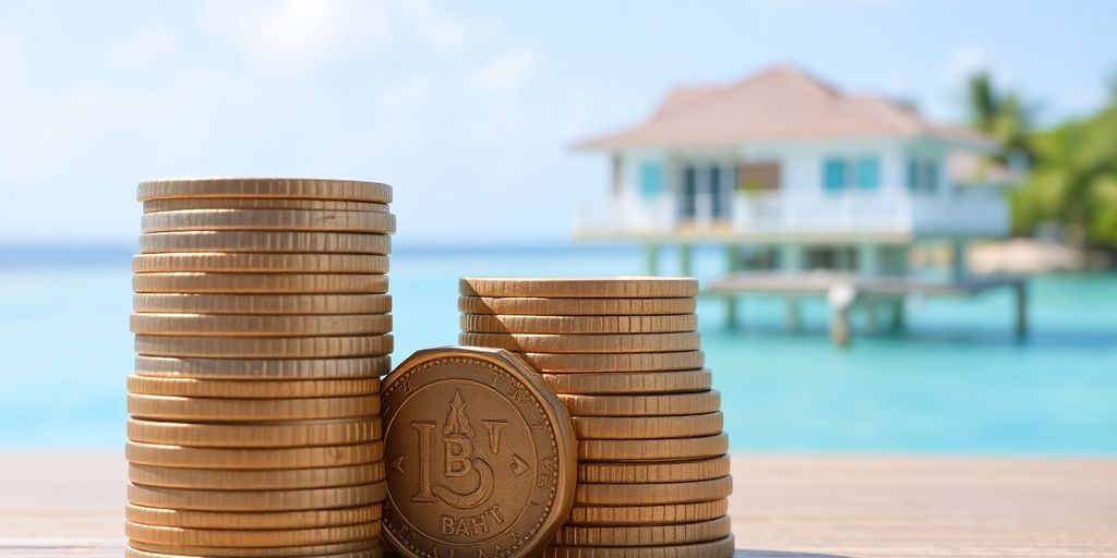 Thai baht coins stacking near island property.