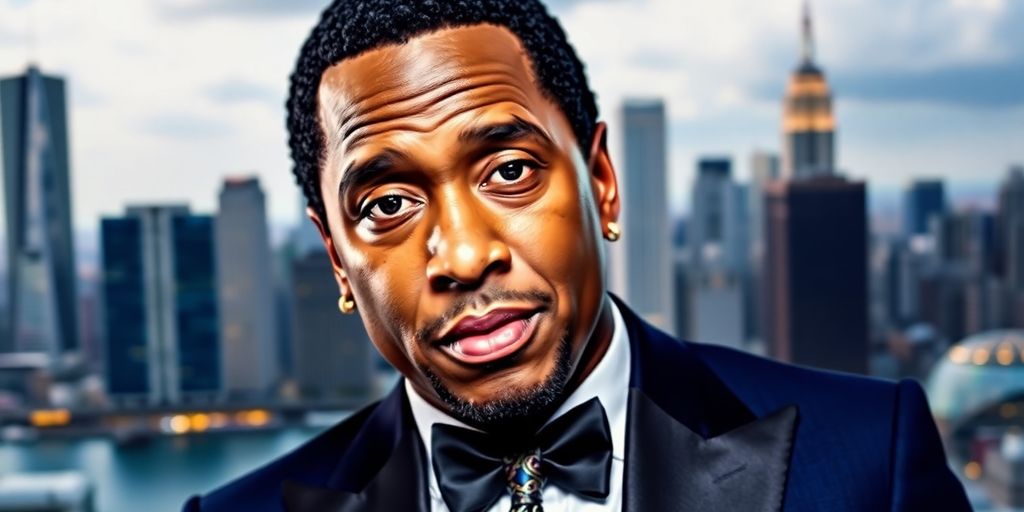 Diddy in a stylish suit against a city skyline.