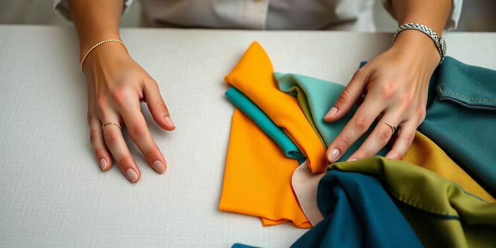 A woman's hands arranging clothes.