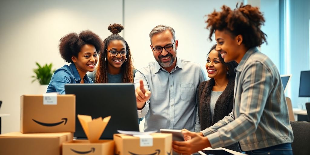 Diverse team collaborating in a modern office setting.