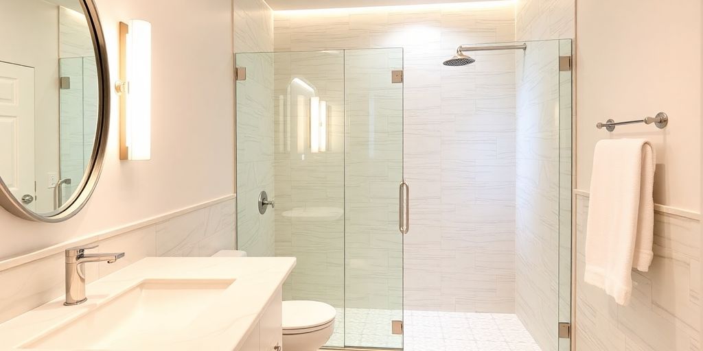 Modern remodeled bathroom with elegant fixtures and lighting.