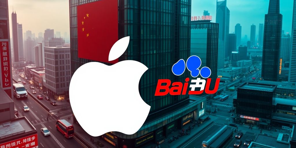 Logo Apple i Baidu na tle chińskiego krajobrazu.