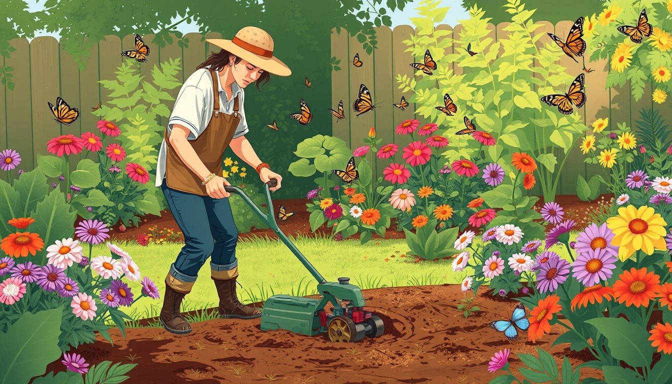 Gardener tilling soil with butterflies around