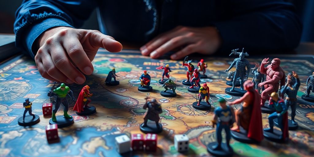 Tabletop game, dice, character sheets, superhero miniatures.