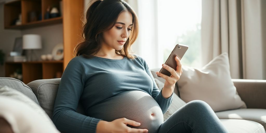 Mulher grávida pensativa com celular na mão.