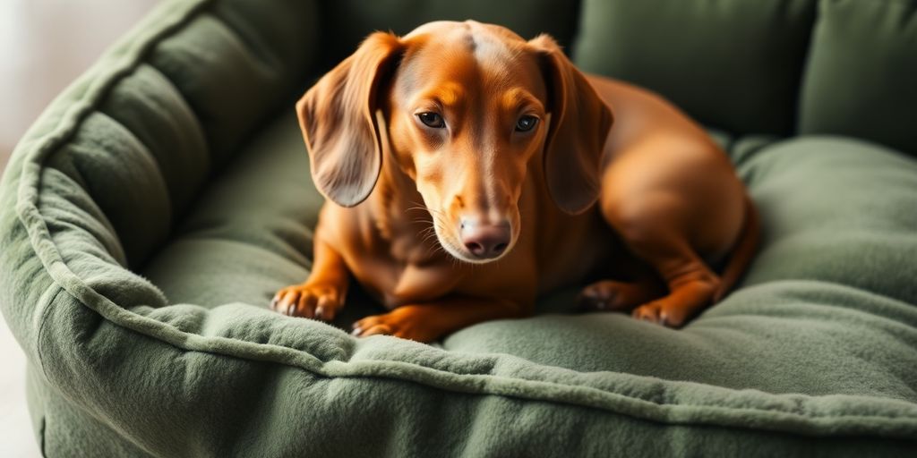 Dachshund resting on a plush, green, pet bed.