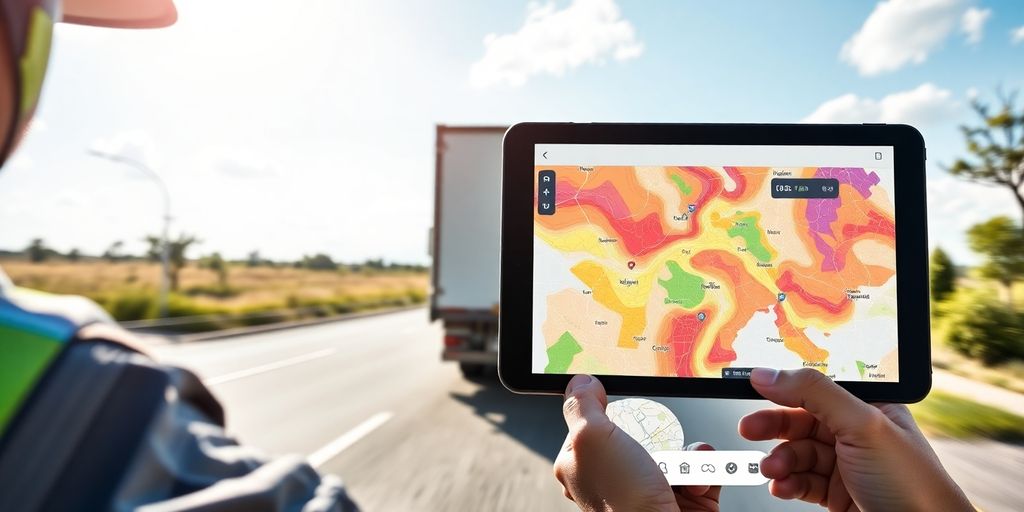 Contractor's truck with GPS map on screen.
