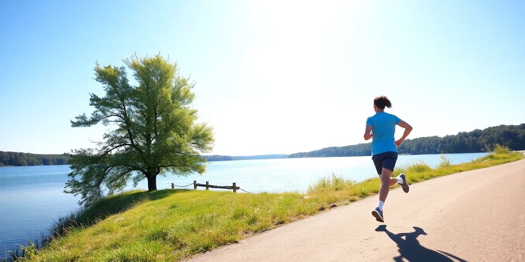 Person exercising outdoors, smiling, with clear sky.