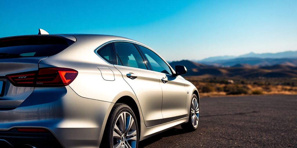 Rental car parked with scenic travel background