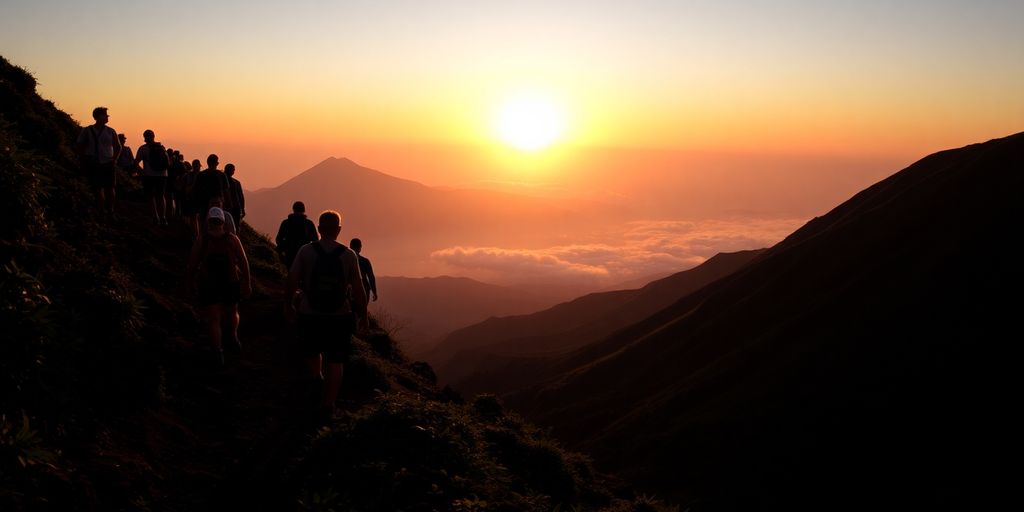 Hikers on Rinjani volcano trail at sunrise